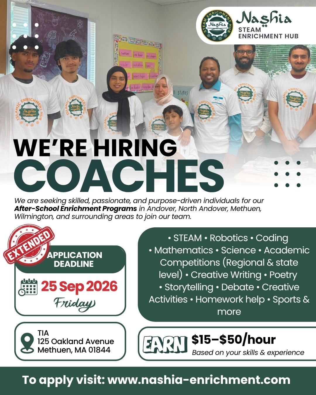 Nashia STEAM Enrichment Hub — We're Hiring Coaches. Application deadline extended to 25 September 2026. Earn $15–$50/hour.
