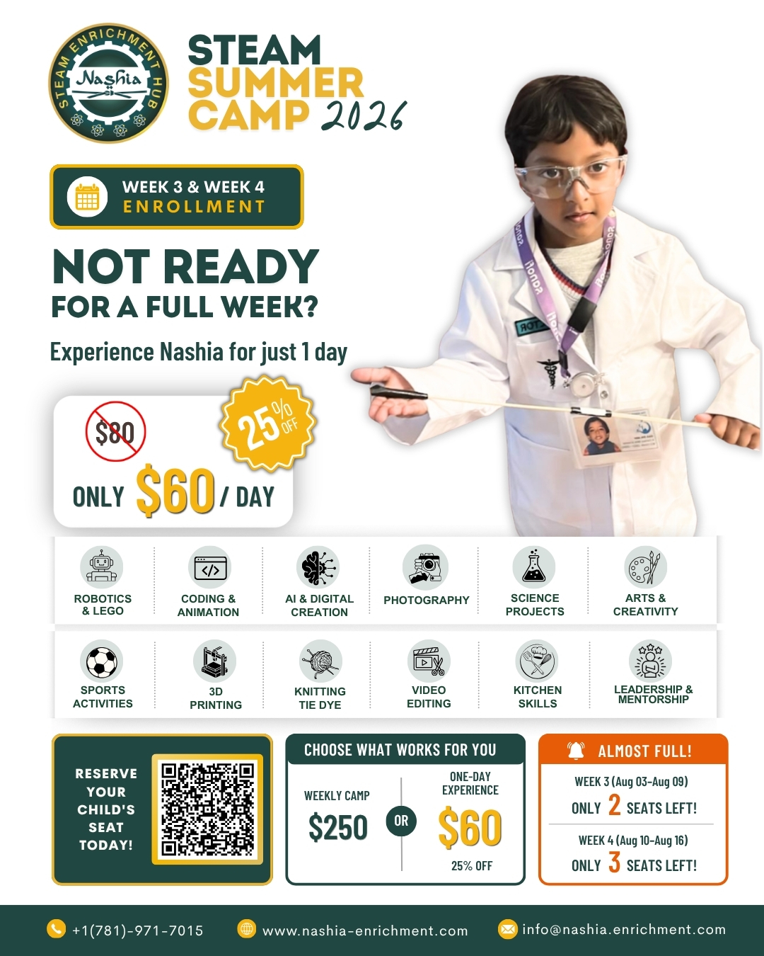 Nashia One Day Enrollment flyer — experience camp for just $60 a day